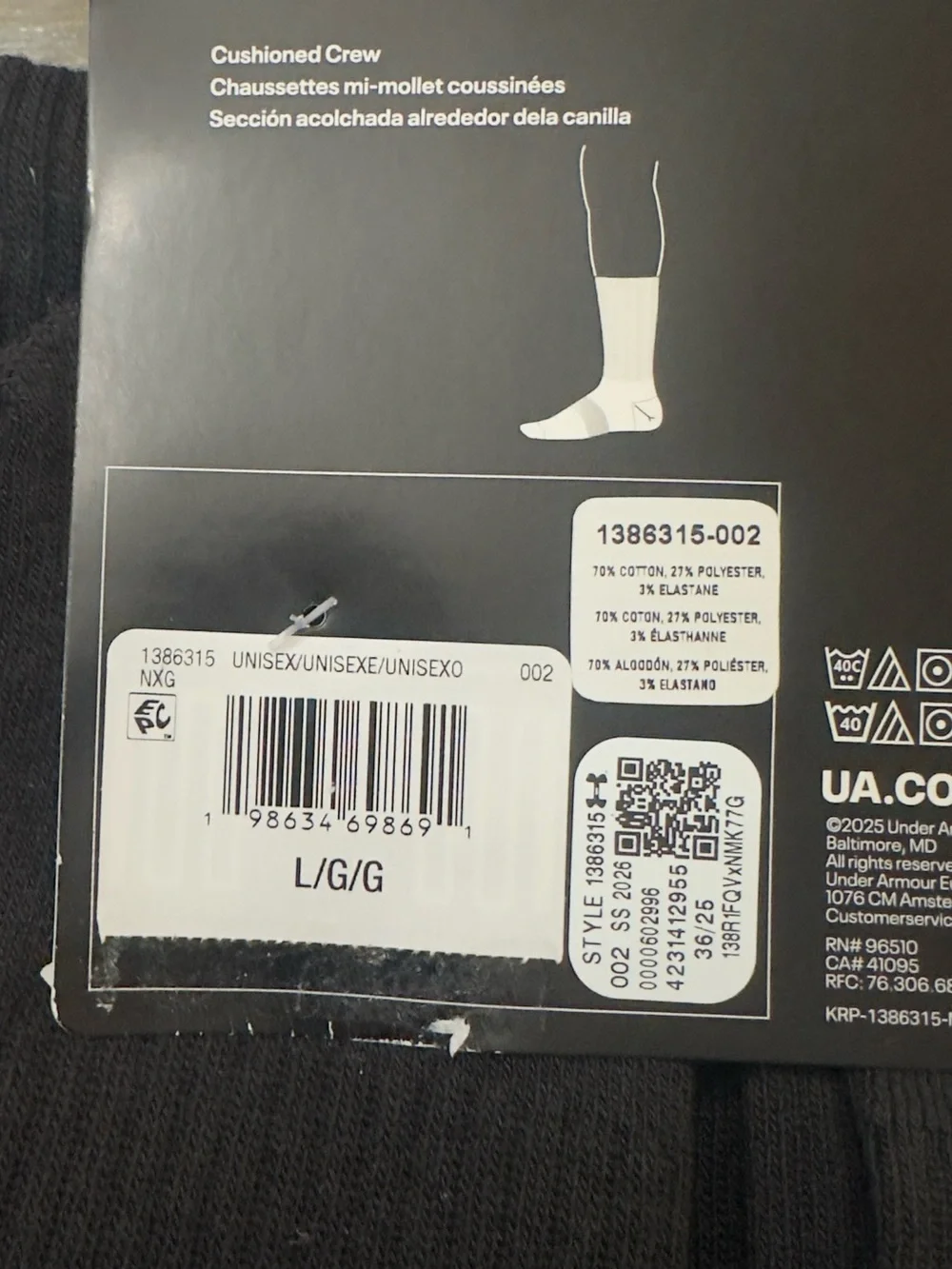 Under Armour Unisex 6-Pack Black Cushioned-Crew Socks (NWT)